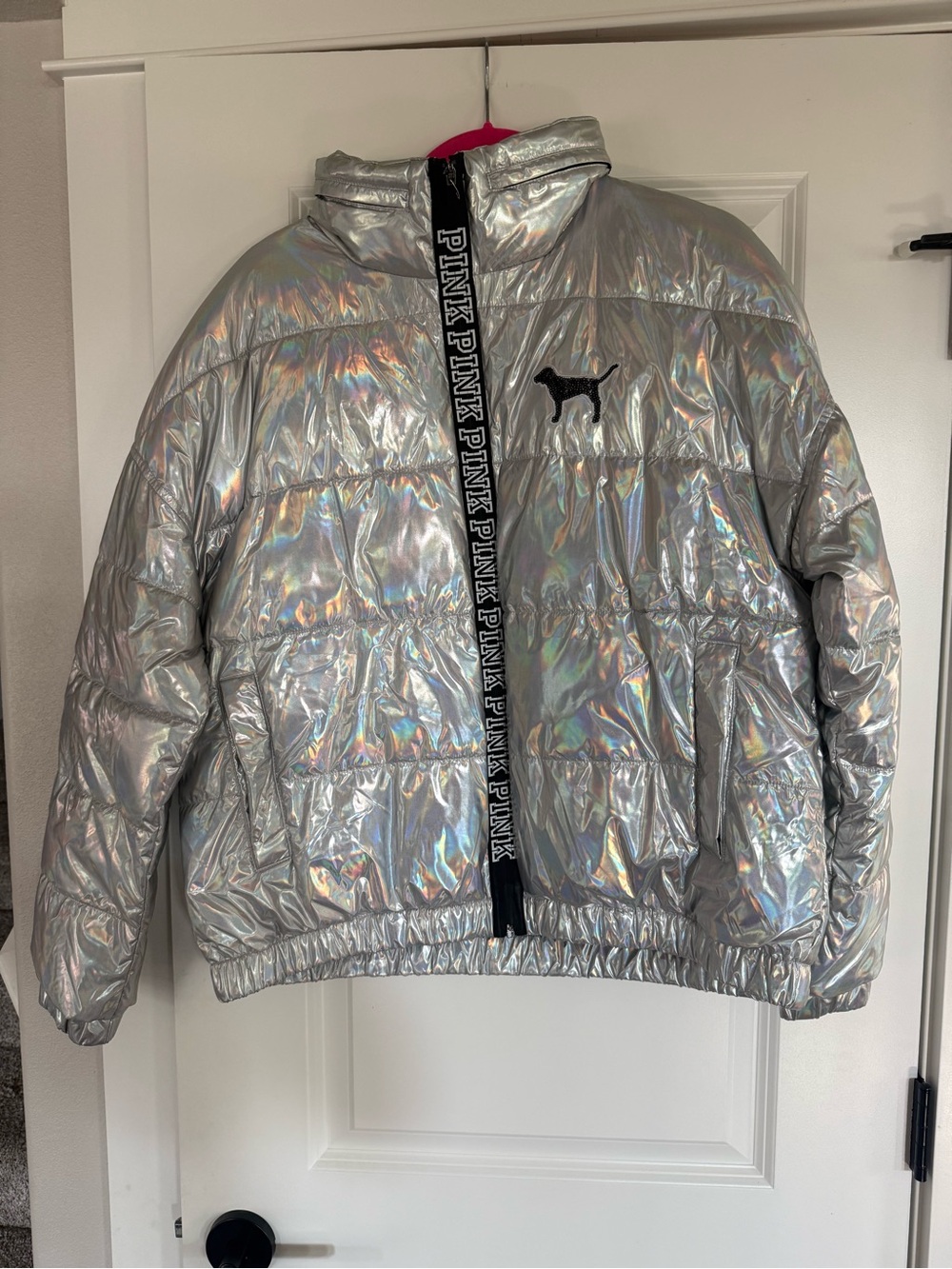 PINK Victoria's Secret Y2K Iridescent Silver Holographic Puffer Jacket